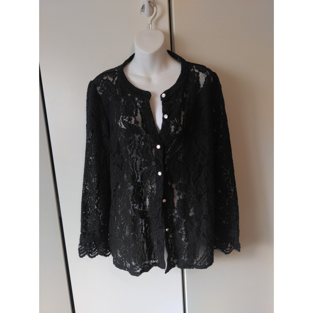 Womens Sheer Floral Lace Button Down Top Size Xl Black Dark Romantic Feminine